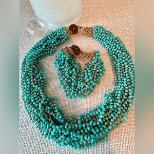 New Boho Aqua Green Acrylic Beaded Crocheted Necklace & Bracelet Set
